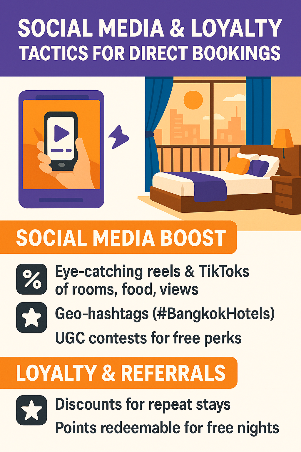 2D infographic titled 'Social Media & Loyalty Programs for Hotels' showing visuals of travel content marketing tips and guest reward strategies.