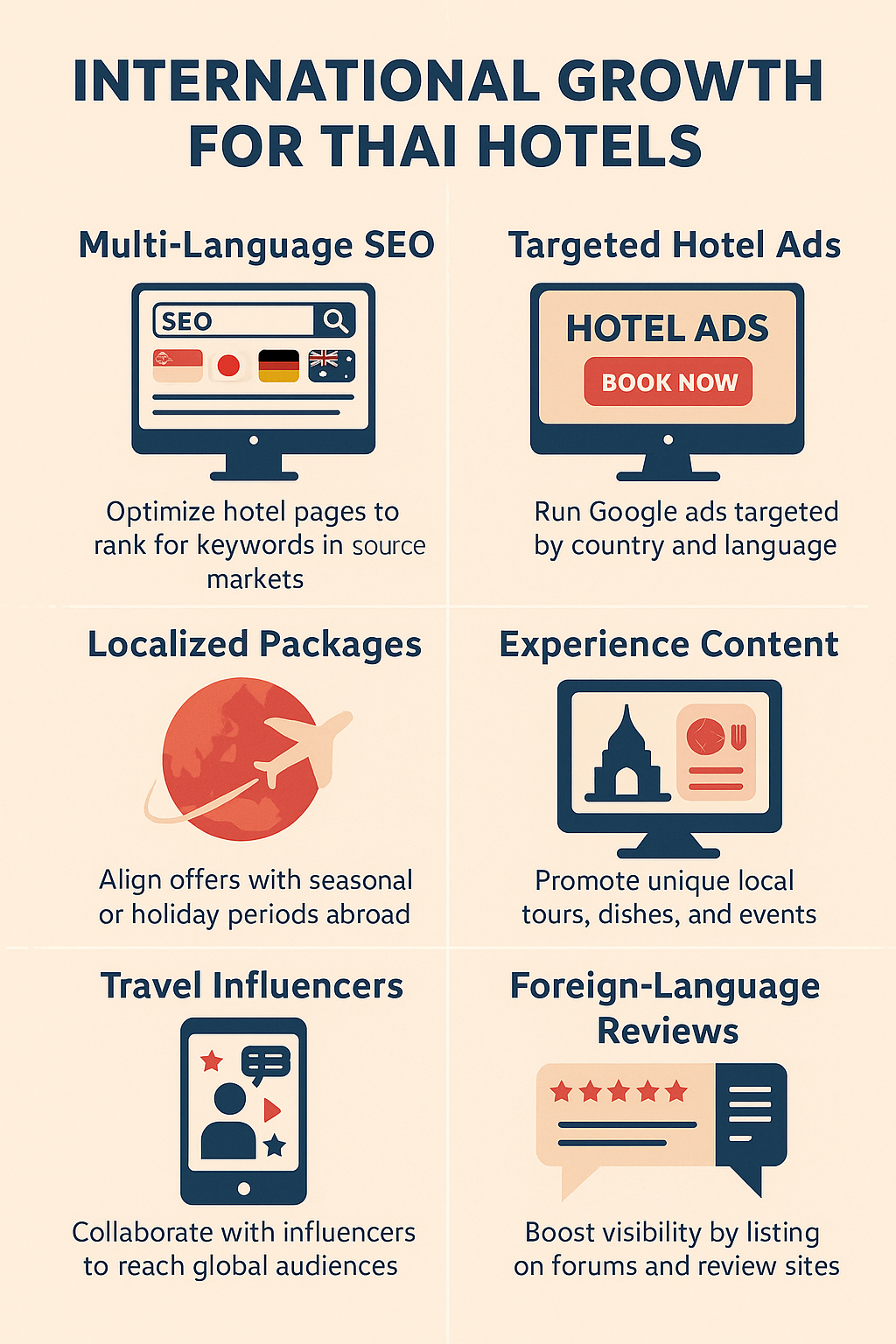 Six-section infographic titled “International Growth for Thai Hotels,” showing strategies like multi-language SEO, targeted hotel ads, localized packages, experience content, travel influencers, and foreign-language reviews.