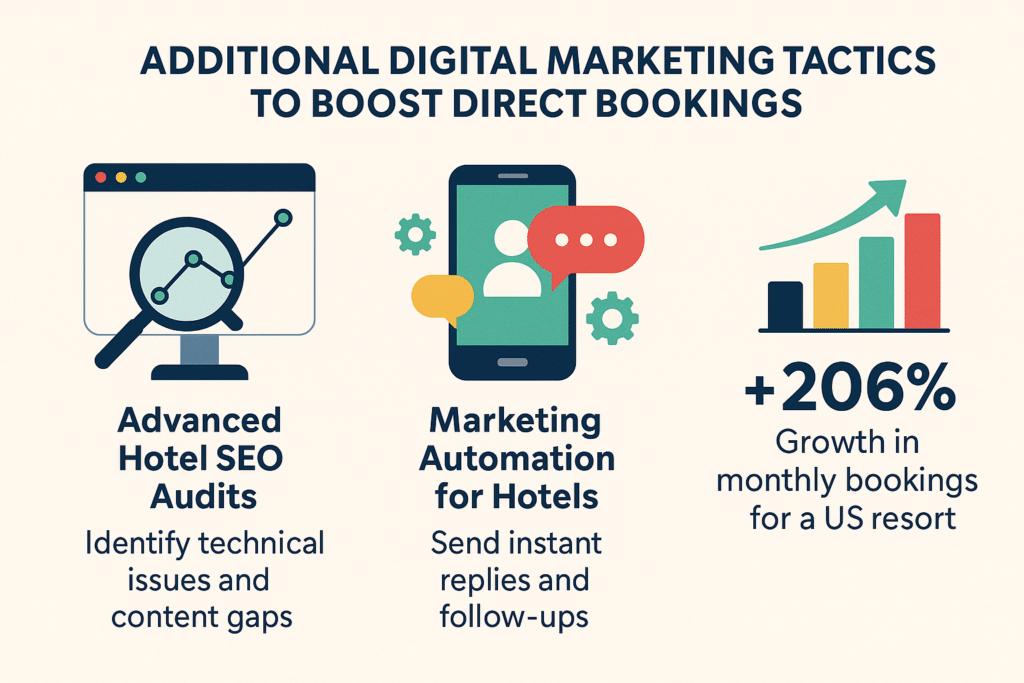 Flat-design infographic showing three hotel marketing tactics: advanced SEO audits, marketing automation, and a +206% booking growth stat