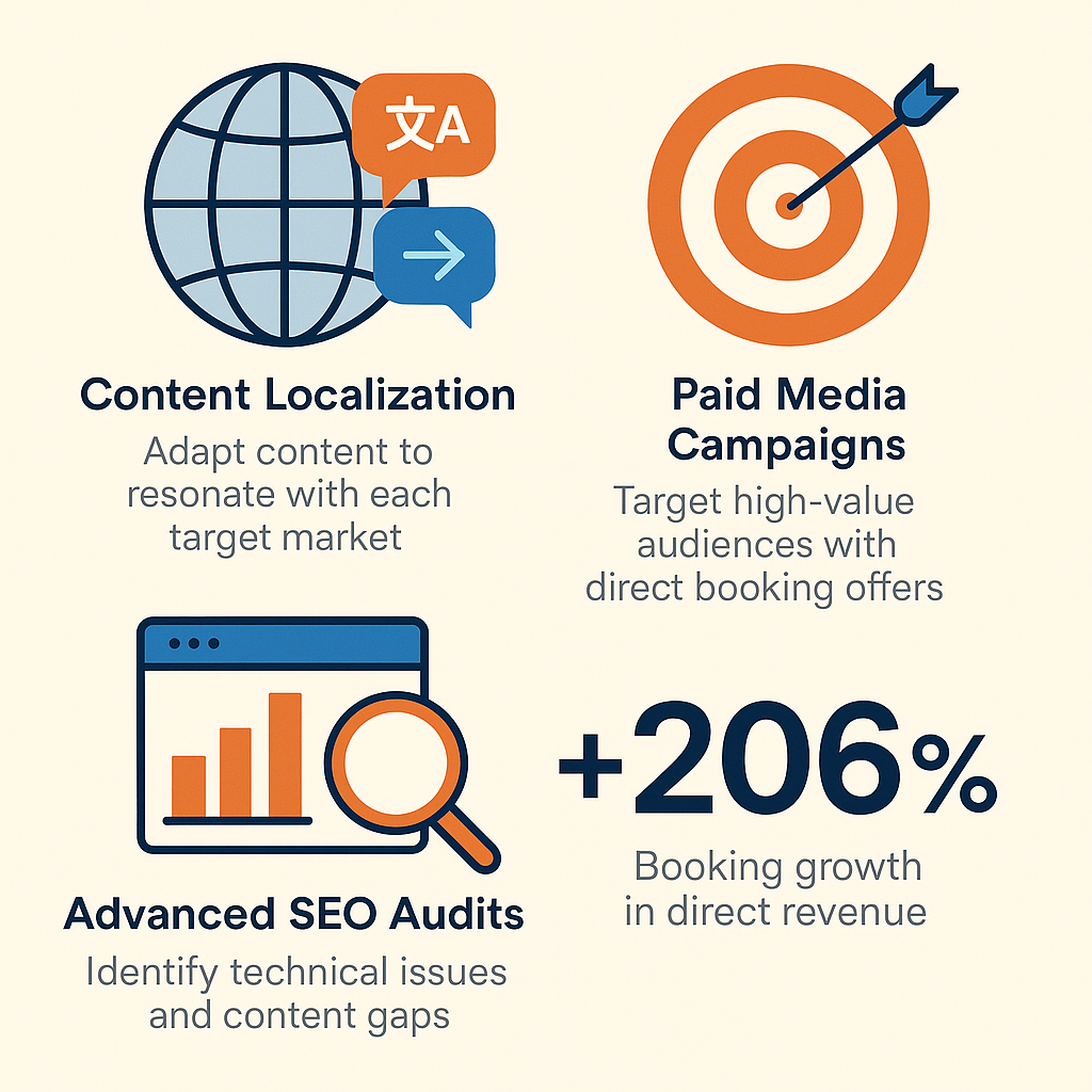 Infographic showing content localization and paid media strategies for Thai hotels, including cultural adaptation, multilingual ads, and retargeting campaigns to boost direct bookings.