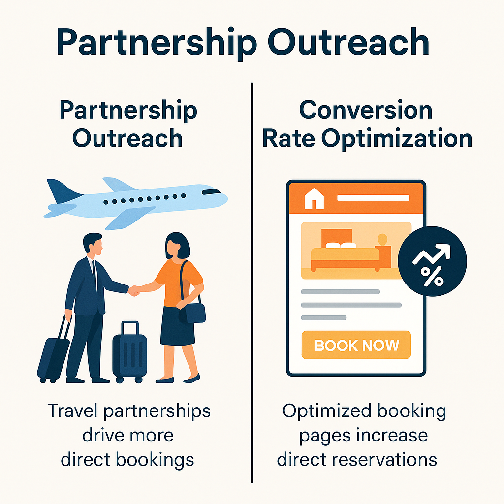 Partnership Outreach & CRO" showing handshake with airplane for partnerships and hotel booking page for CRO