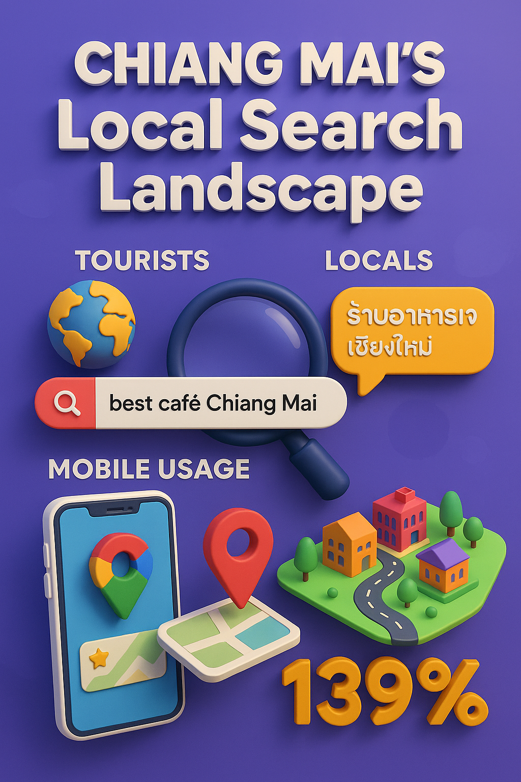 infographic of Chiang Mai’s Local Search Landscape, showing mobile-first behavior, Thai and English keyword trends, and Google Maps reliance