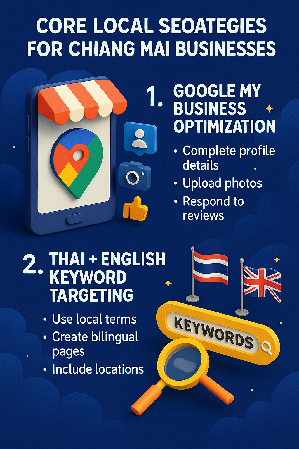 infographic showing core local SEO strategies for Chiang Mai businesses, including Google My Business optimization, bilingual keyword targeting, mobile-first design, and active review management.