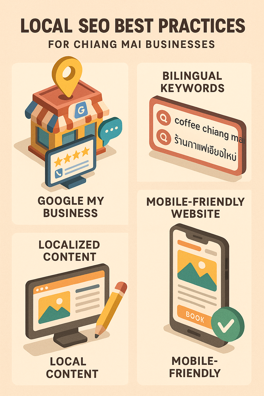 infographic on Chiang Mai SEO tips: GMB setup, Thai-English keywords, local blogs, and mobile-first site design