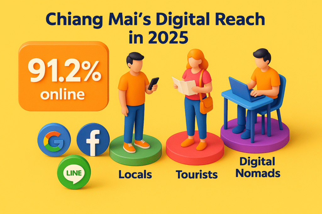 infographic titled "Chiang Mai's Digital Reach in 2025" showing locals, tourists, and digital nomads with 91.2% online statistic and Google, Facebook, LINE icons