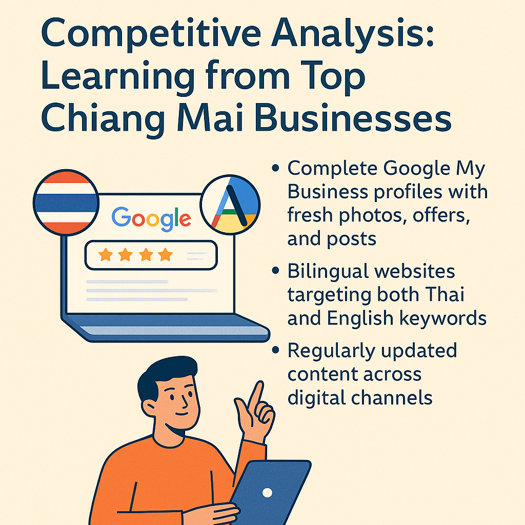 infographic titled "Competitive Analysis – Chiang Mai 2025" with neatly aligned text and graphics showing local SEO strategies and market insights for top-performing Chiang Mai businesses