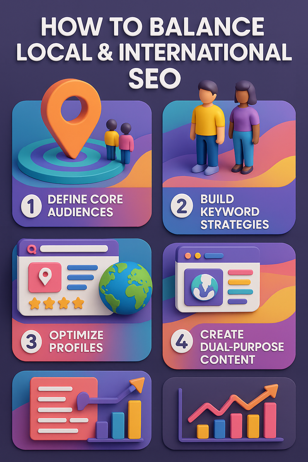 3D colorful infographic showing five steps to balance local and international SEO with icons, charts, and isometric designs.
