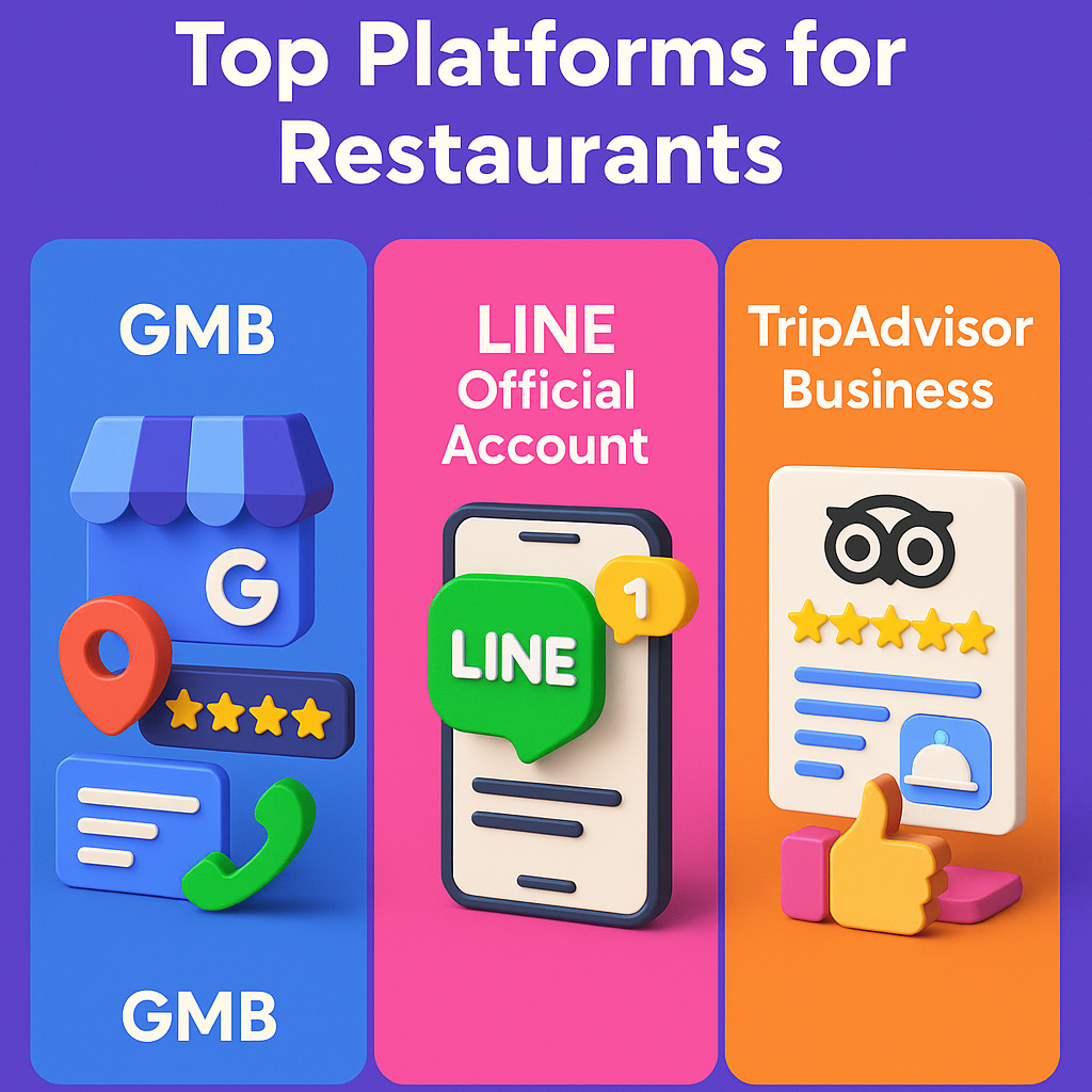 3D colorful infographic showing Google My Business, LINE Official Account, and TripAdvisor Business as top restaurant platforms with unique icons. Do you like this personality?