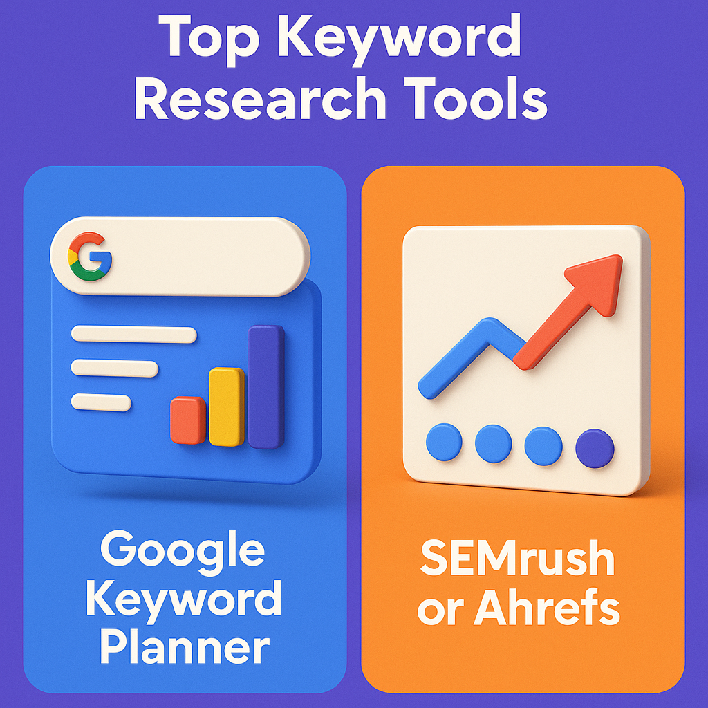 Share 3D colorful infographic showing Google Keyword Planner and SEMrush/Ahrefs as top keyword research tools, with charts and graphs on vibrant panels.