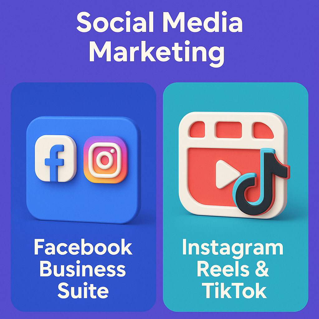 3D colorful infographic showing Facebook Business Suite and Instagram Reels & TikTok as key social media marketing tools with vibrant icons.