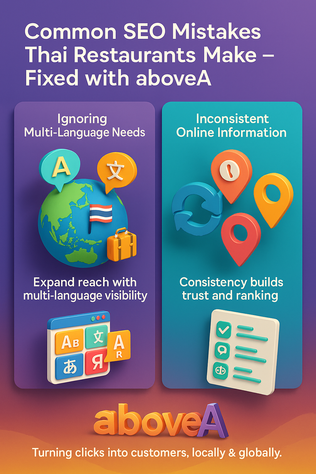 3D colorful infographic showing two common SEO mistakes for Thai restaurants — ignoring multi-language needs and inconsistent online information — with aboveA fixes.