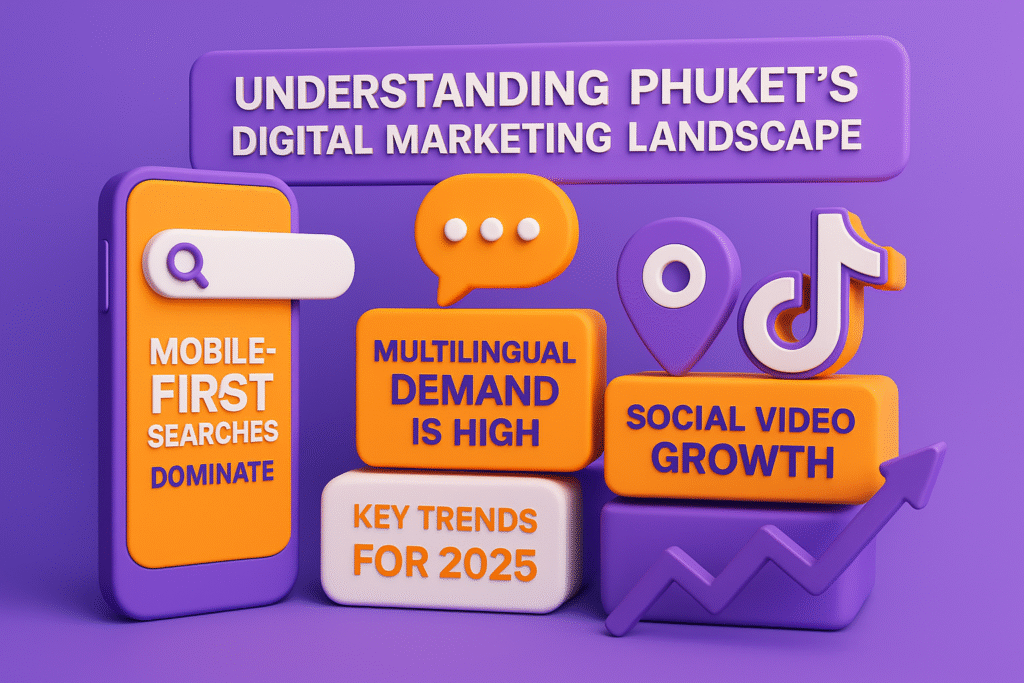 infographic in purple, orange, and white showing Phuket’s 2025 digital marketing trends: mobile-first searches, multilingual demand, and social video growth.