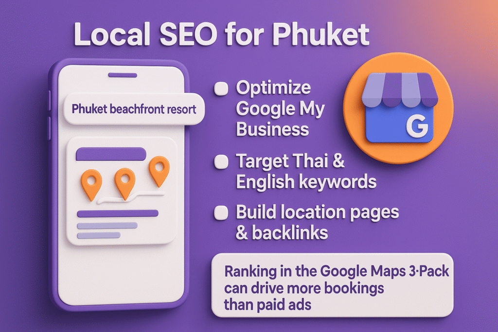 infographic in purple, orange, and white showing Phuket local SEO tips: optimize Google My Business, target Thai and English keywords, build location pages, and boost Google Maps 3-Pack rankings.