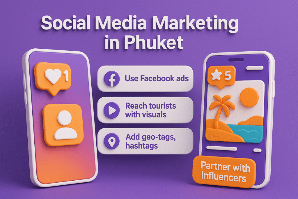 infographic in purple, orange, and white showing Phuket social media tips: use Facebook ads, reach tourists with visuals, add geo-tags, and partner with influencers.