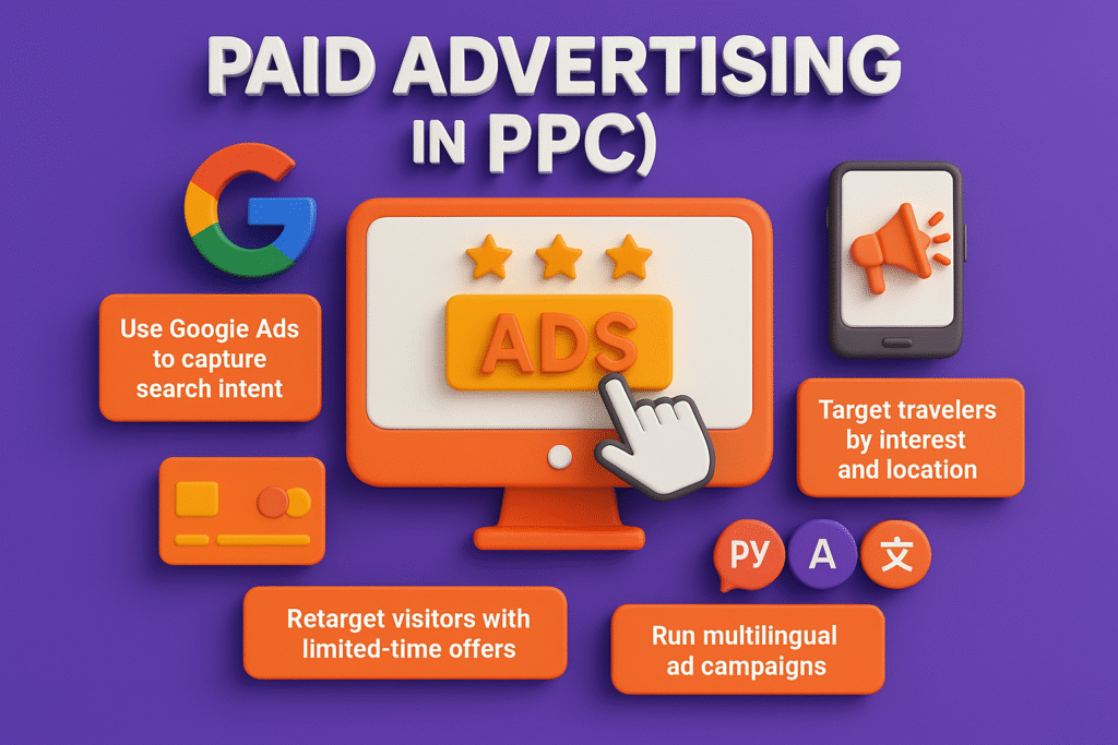 infographic in purple, orange, and white showing Phuket PPC tips: use Google Ads, target travelers by location, retarget with offers, and run multilingual ad campaigns.