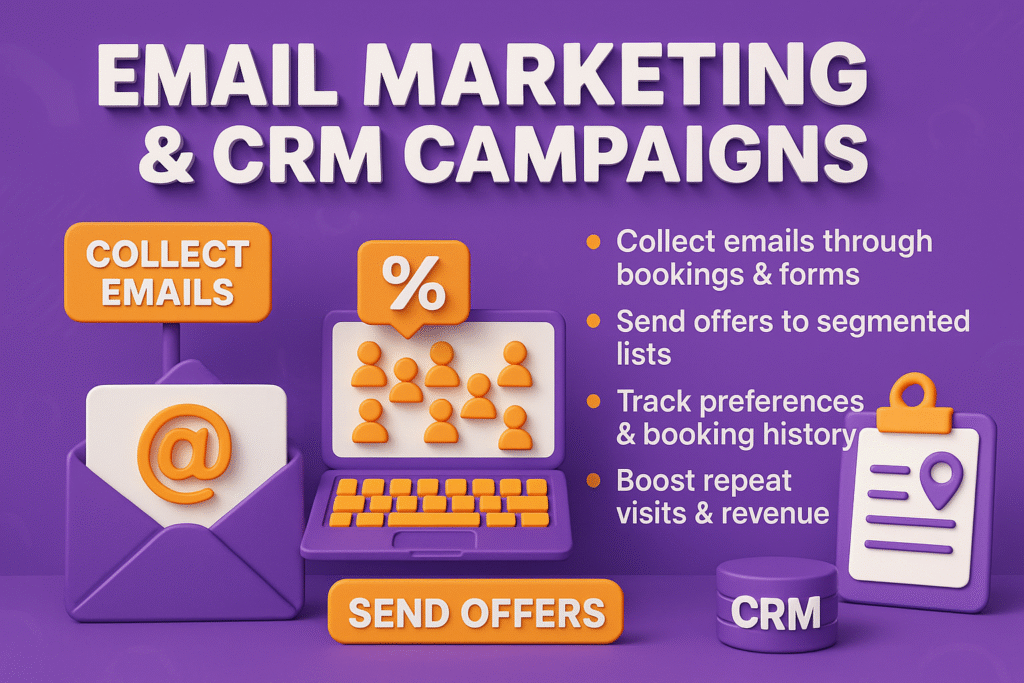 3D infographic in purple, orange, and white showing Phuket email marketing tips: collect emails, send offers to segmented lists, track preferences, and boost repeat visits with CRM.