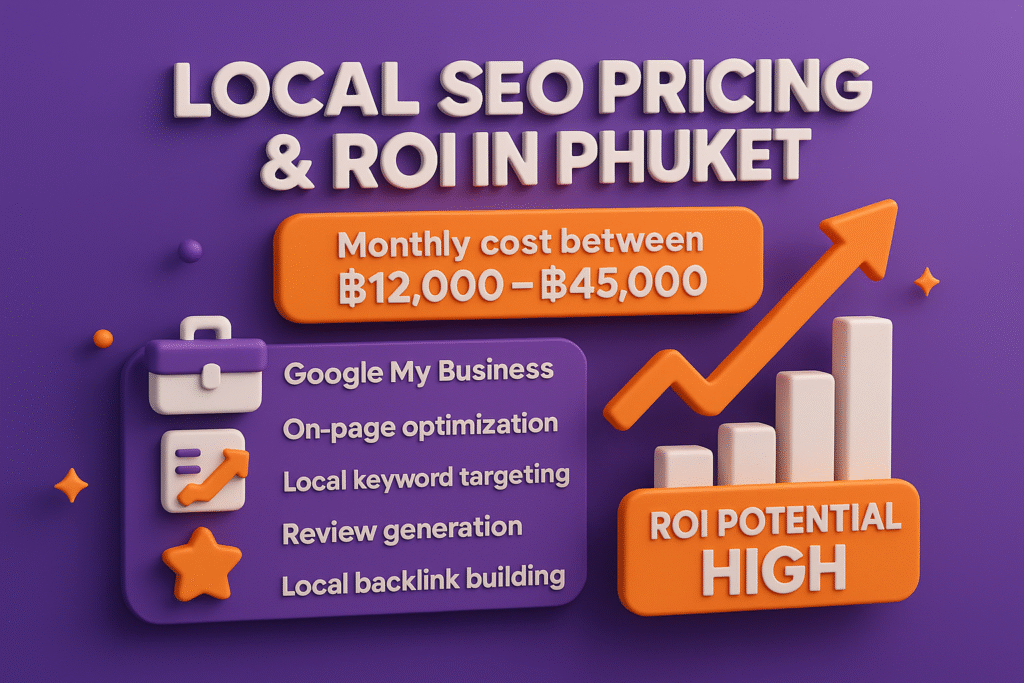 infographic in purple, orange, and white showing Phuket local SEO pricing (฿12,000–฿45,000), key services like GMB optimization, keyword targeting, and high ROI potential.