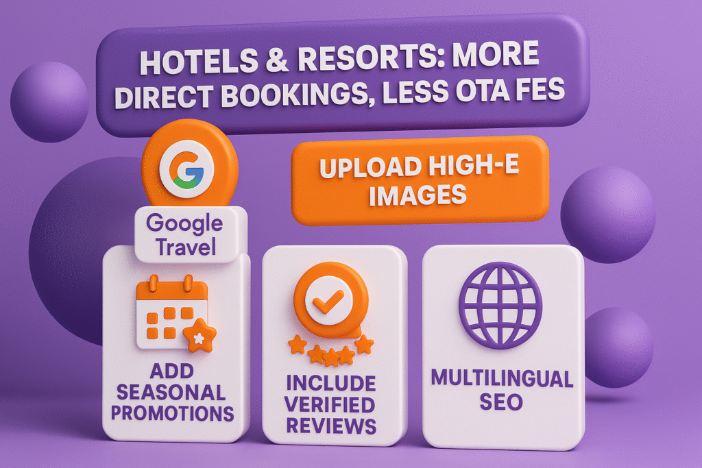 3D infographic in purple, orange, and white showing Phuket hotel strategies: upload high-res images, add seasonal promotions, include verified reviews, and use multilingual SEO via Google Travel.