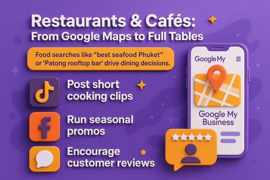 3D infographic in purple, orange, and white showing Phuket restaurant tips: post TikTok cooking clips, run Facebook promos, and encourage bilingual customer reviews to boost visibility.