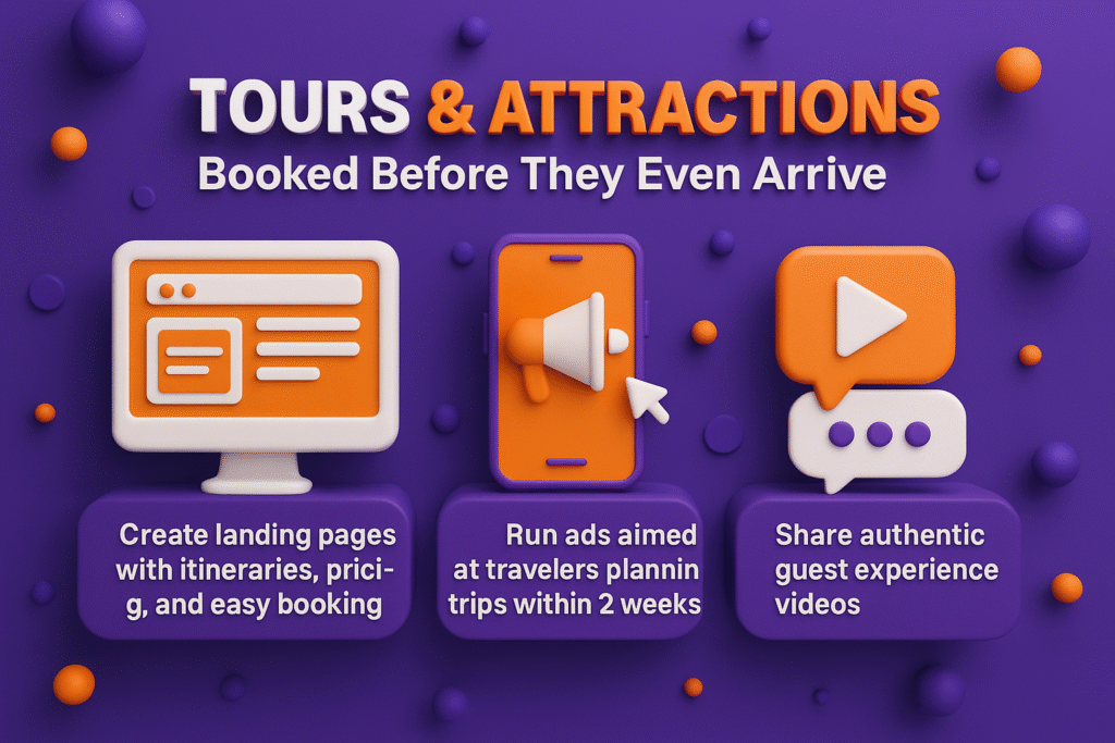 infographic in purple, orange, and white showing Phuket tour tips: create itinerary landing pages, run ads for travelers within 2 weeks, and share authentic guest videos.