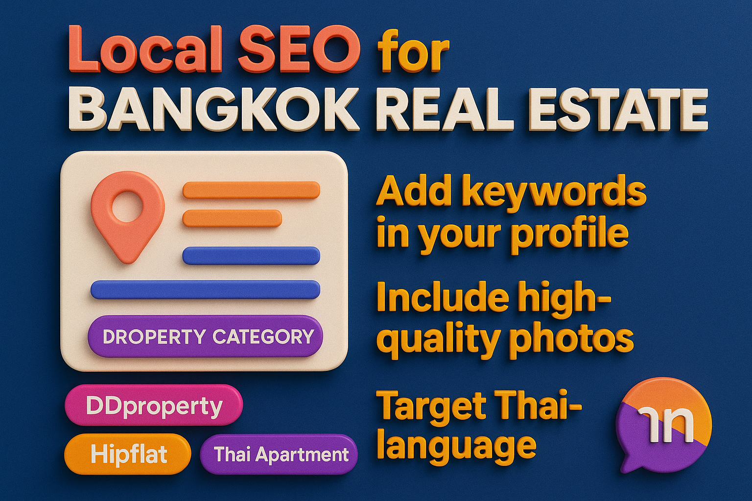 infographic on navy background showing Bangkok real estate SEO tips: add keywords, use quality photos, list on directories, target Thai-language searches.