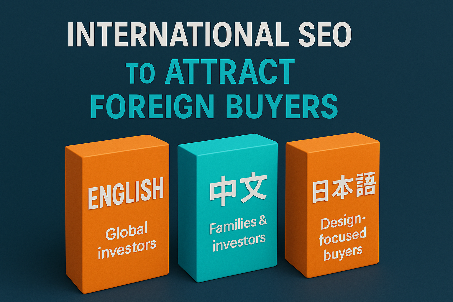 infographic titled "International SEO to Attract Foreign Buyers," with orange and cyan blocks for English, Chinese, and Japanese audiences on a navy blue background.