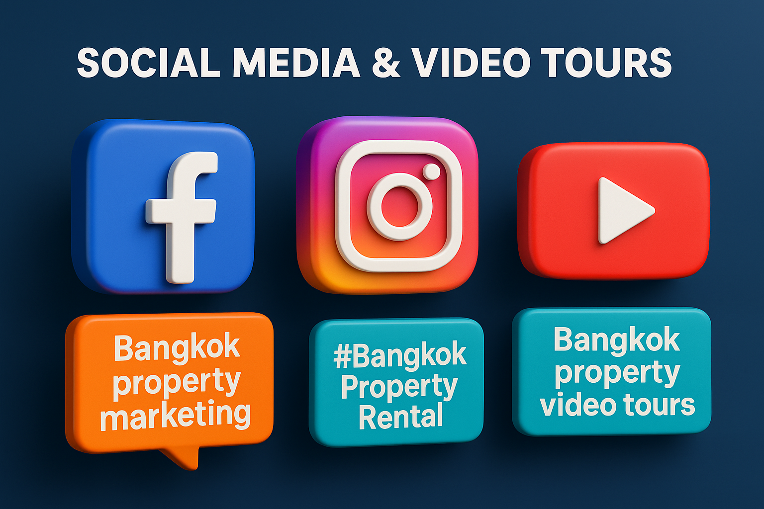titled "Social Media & Video Tours" with Facebook, Instagram, and YouTube icons paired with Bangkok property marketing text on colorful speech and text blocks.