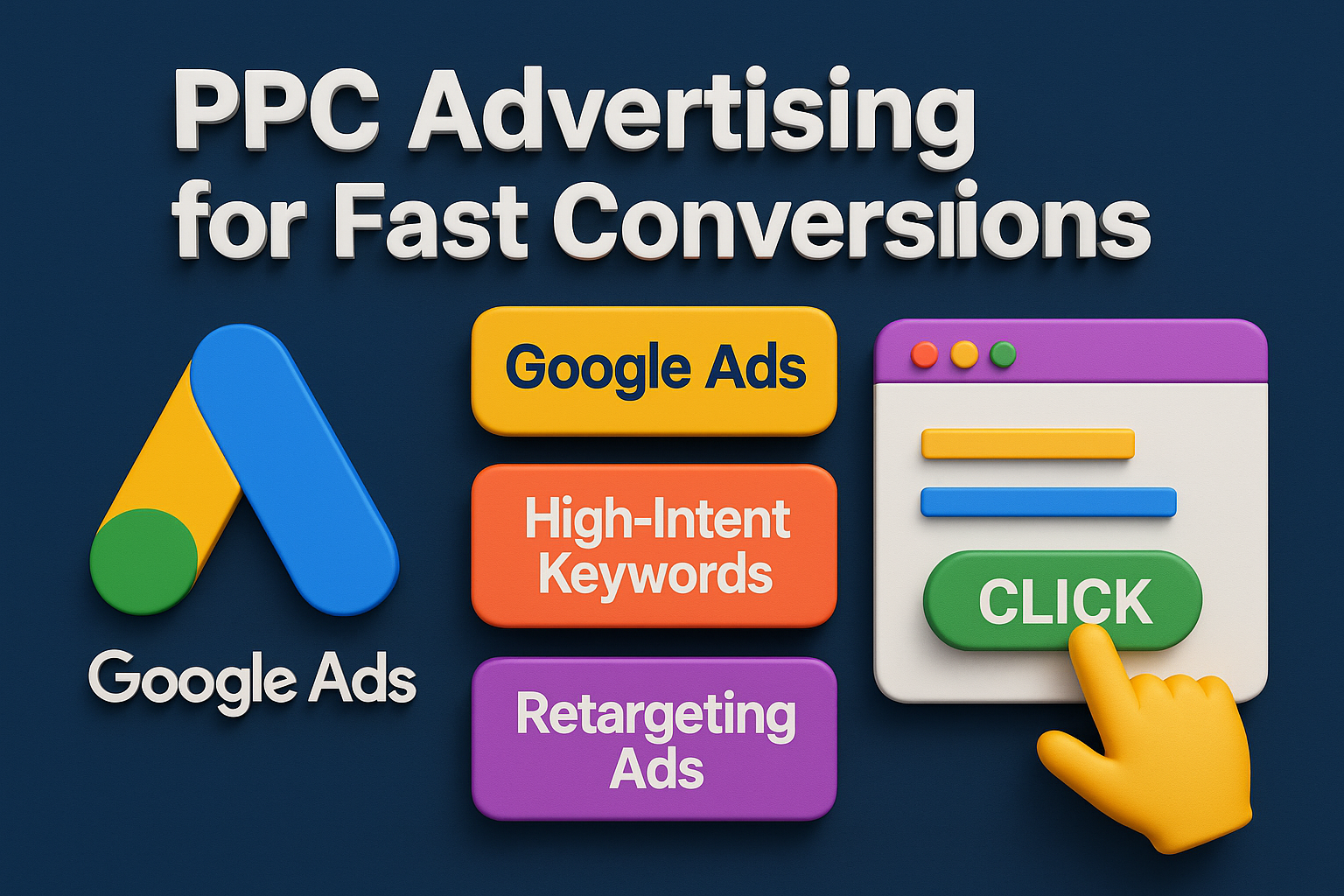 infographic titled "PPC Advertising for Fast Conversions" featuring Google Ads logo, high-intent keywords, retargeting ads, and a clickable web button on a navy background.