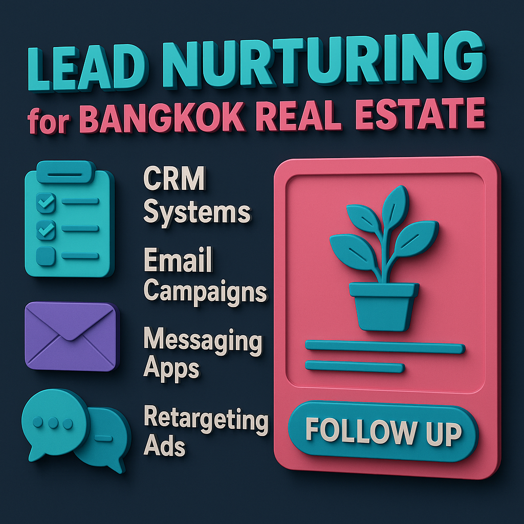 infographic titled "Lead Nurturing for Bangkok Real Estate" showing CRM systems, email campaigns, messaging apps, and retargeting ads with a follow-up button on a navy background.