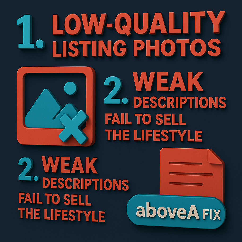 infographic showing two property listing issues: low-quality photos and weak descriptions, with icons and an "aboveA Fix" button on a navy background.