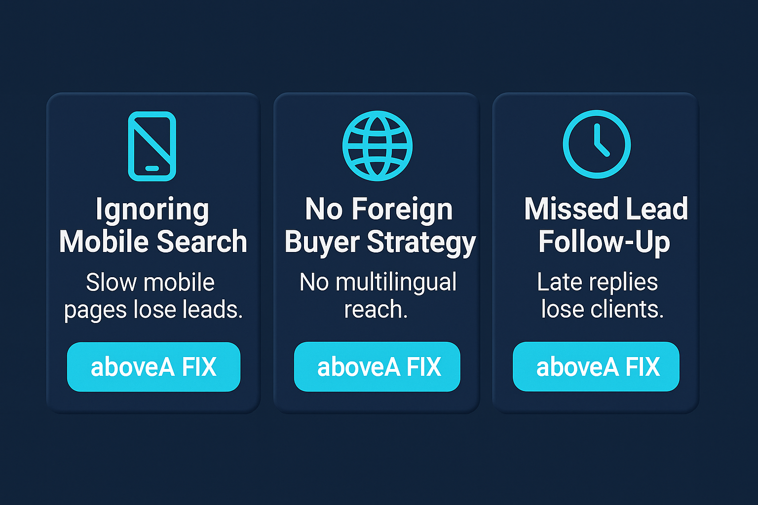 infographic in navy and cyan showing three Bangkok real estate issues with icons and aboveA FIX solutions for each.