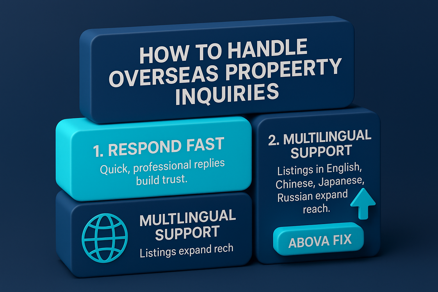 infographic in navy and cyan titled "How to Handle Overseas Property Inquiries," showing tips to respond fast and offer multilingual support for global buyers.