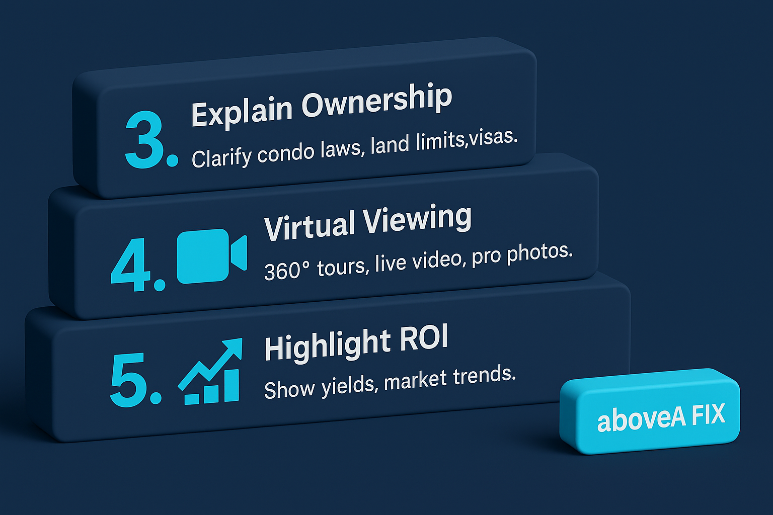 infographic in navy and cyan titled "How to Handle Overseas Property Inquiries," showing tips to respond fast and offer multilingual support with an aboveA FIX button.