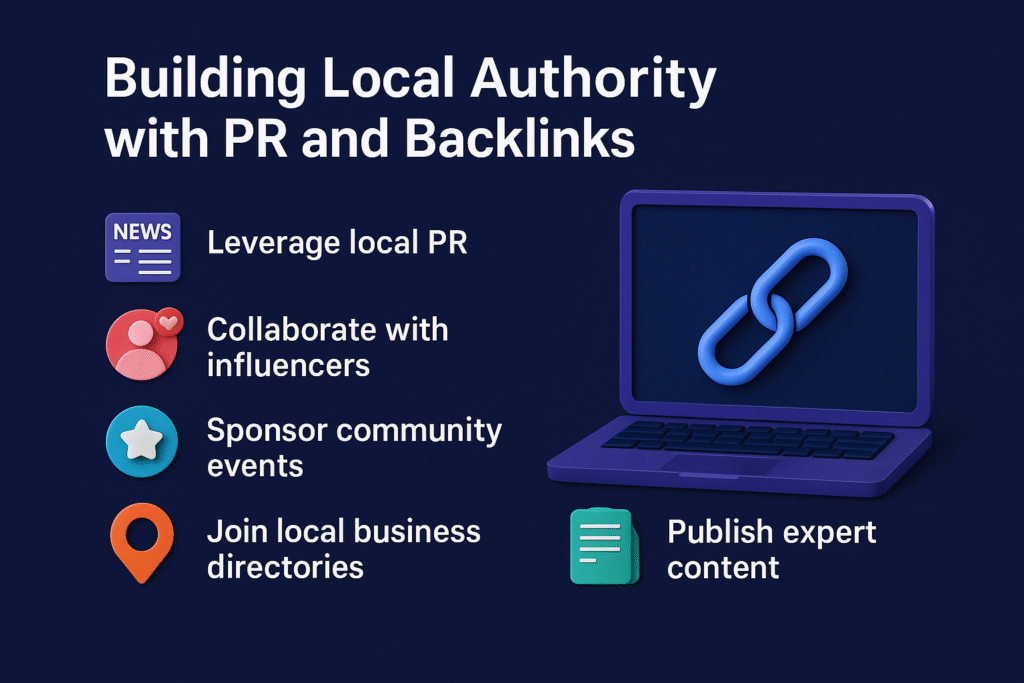 Infographic on building local authority in Los Angeles with PR, backlinks, local directories, influencers, and expert content