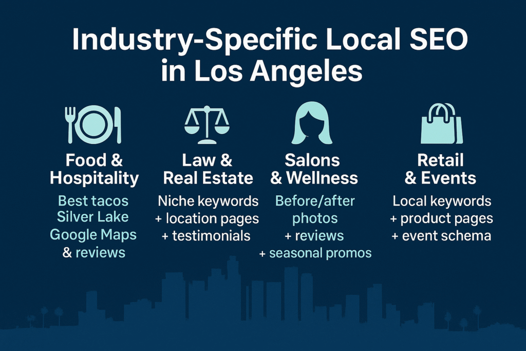 Infographic on Industry-Specific Local SEO in Los Angeles with icons for food, law, wellness, and retail, highlighting tailored SEO strategies