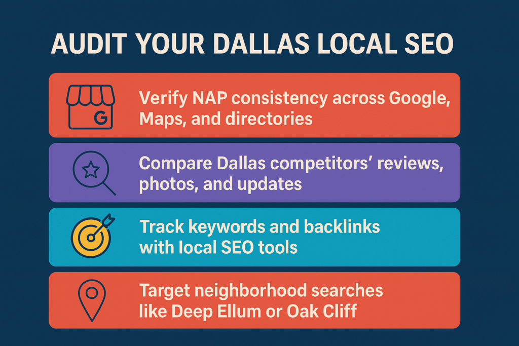 infographic titled “Audit Your Dallas Local SEO” highlighting NAP consistency, competitor comparison, keyword tracking, and targeting Dallas neighborhoods.