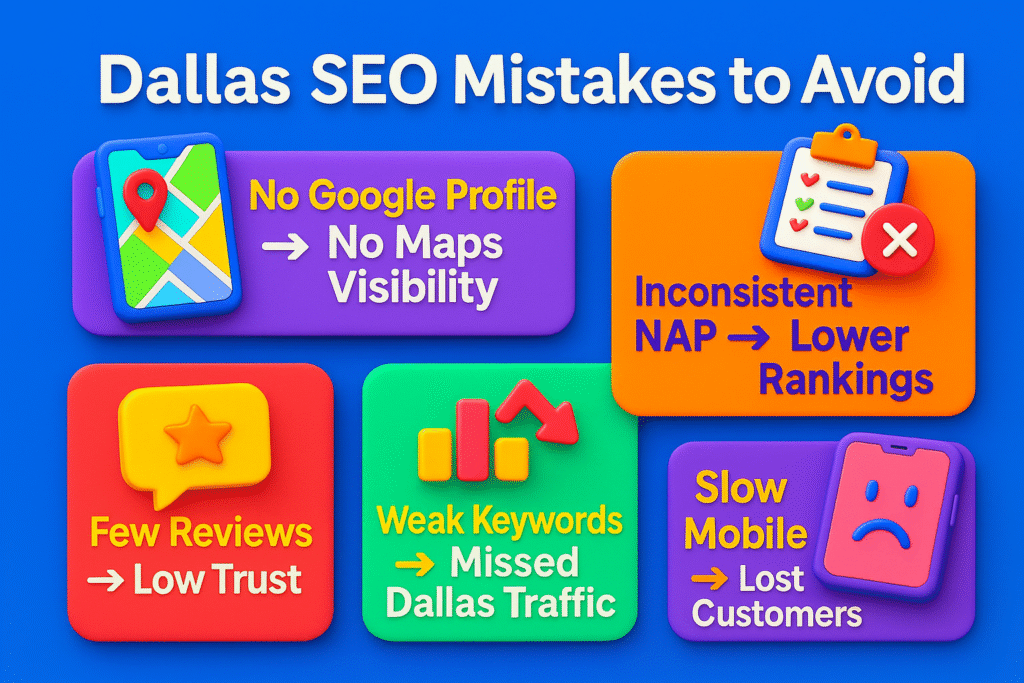infographic showing common Dallas SEO mistakes with simple 10-word fixes, designed in a horizontal layout.