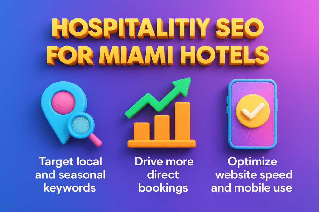 infographic on Hospitality SEO for Miami hotels, featuring keyword targeting, website speed, mobile optimization, and driving direct bookings with bold icons on a blue gradient background.