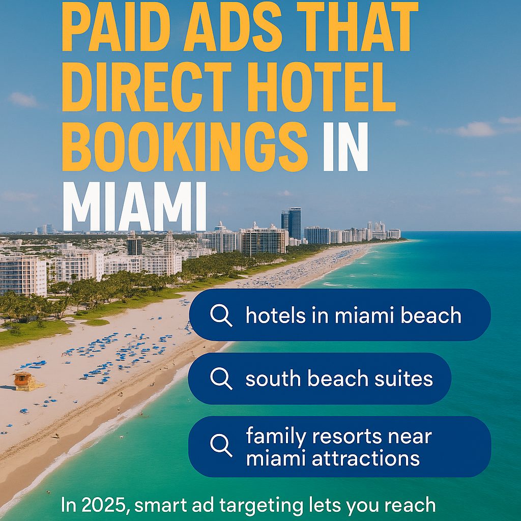 infographic titled Paid Ads That Drive Direct Hotel Bookings in Miami, highlighting ad targeting for Miami hotels to increase direct bookings and reduce OTA fees.