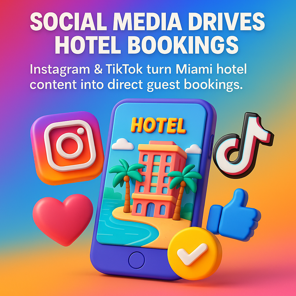 infographic of Miami hotel social media strategy showing Instagram and TikTok boosting visibility, direct bookings, and guest engagement with hashtags and location tags.