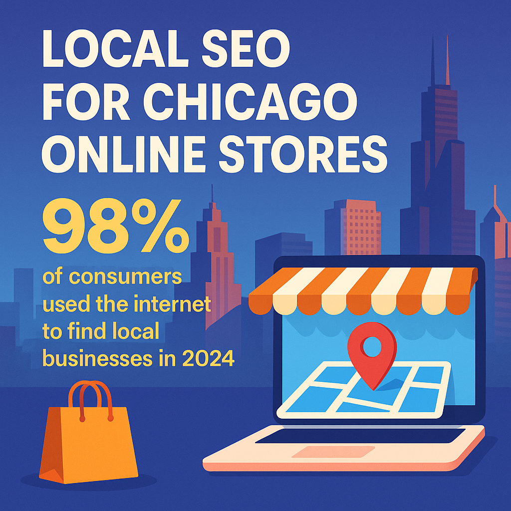Chicago online store SEO infographic showing 78% of local searches leading to purchases in 2025