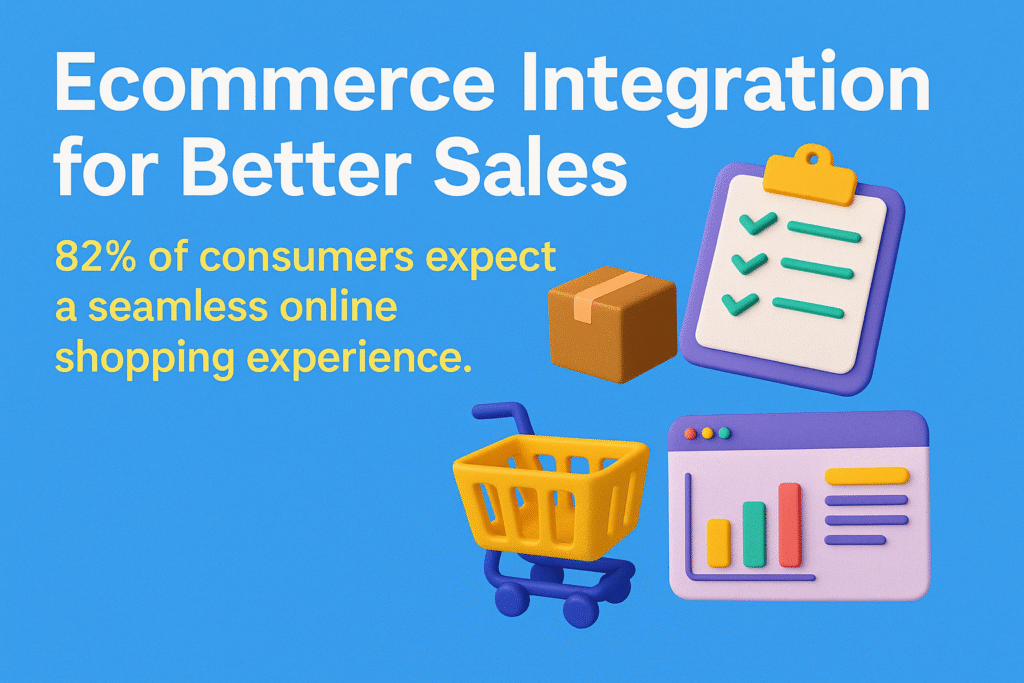 Infographic showing ecommerce integration benefits for Chicago online stores, highlighting streamlined operations, customer experience, and sales growth.