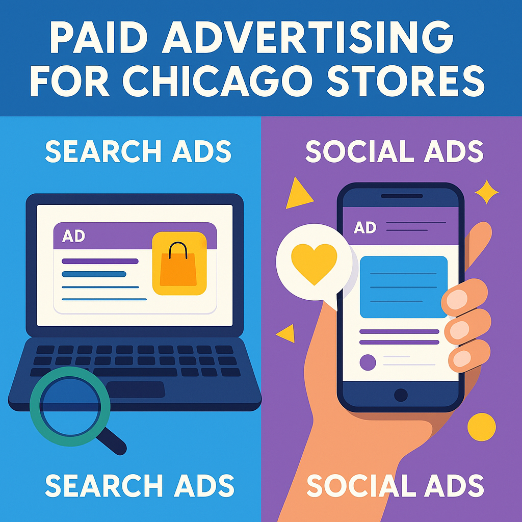 Infographic showing “Paid Advertising for Chicago Stores” with two sections: laptop for search ads and smartphone for social ads.