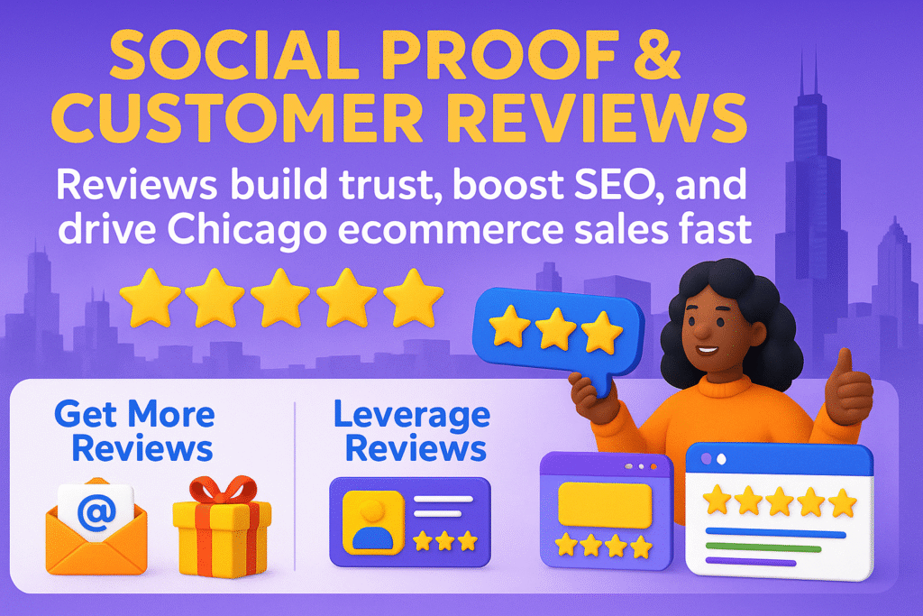 infographic titled "Social Proof & Customer Reviews" with Chicago skyline, golden stars, and icons showing reviews boosting trust, SEO, and ecommerce sales.
