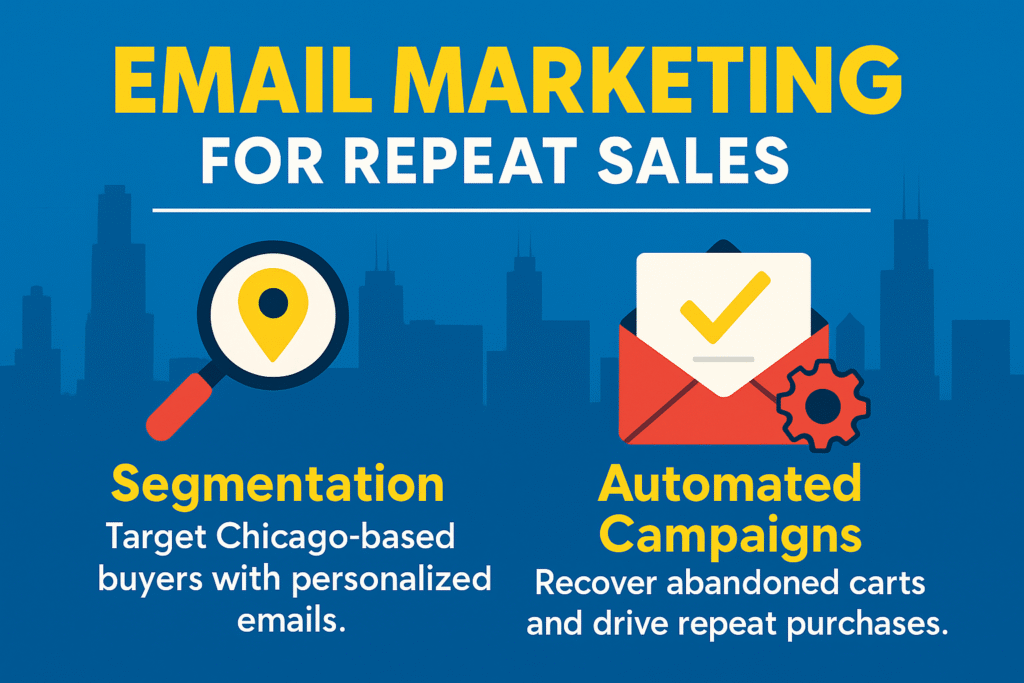 infographic on email marketing for Chicago stores, highlighting segmentation and automated campaigns for repeat sales.