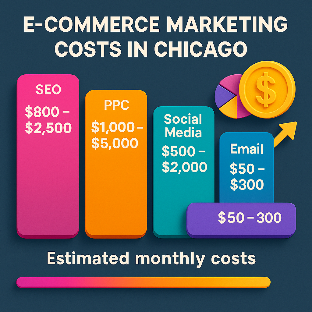 Infographic showing estimated monthly e-commerce marketing costs in Chicago: SEO $800–$2,500, PPC $1,000–$5,000, Social Media $500–$2,000, Email $50–$300.