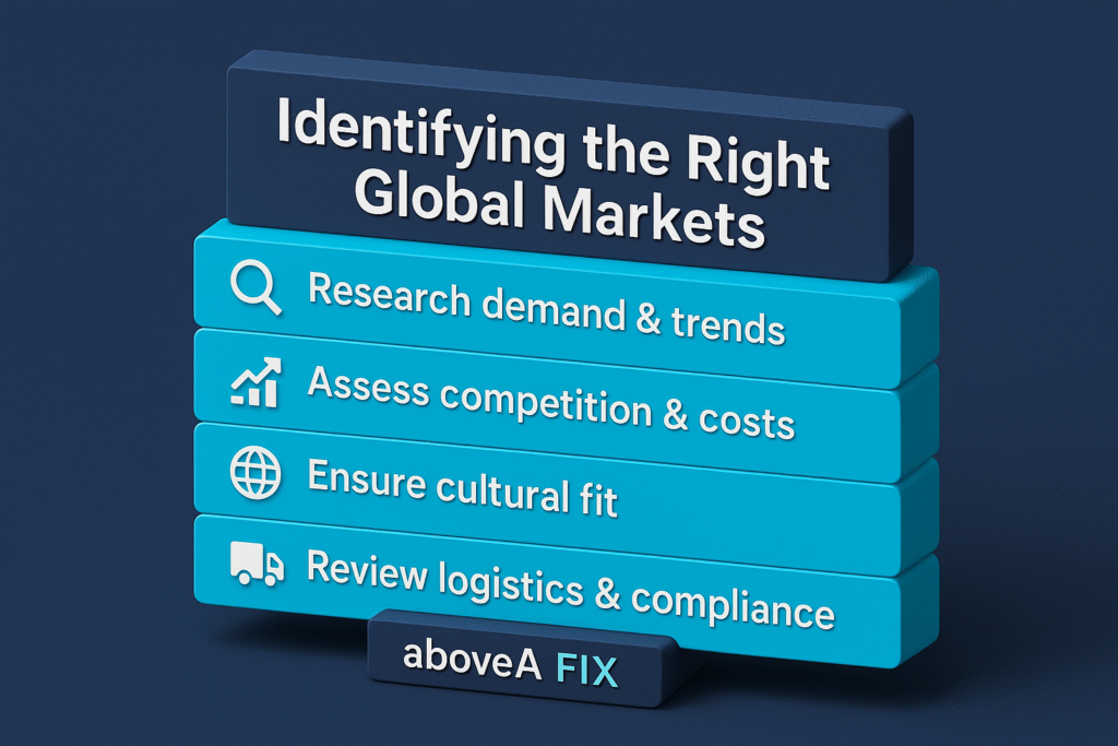 infographic titled "Identifying the Right Global Markets," showing four steps with icons: research demand, assess competition, ensure cultural fit, and review logistics, plus an aboveA FIX button.