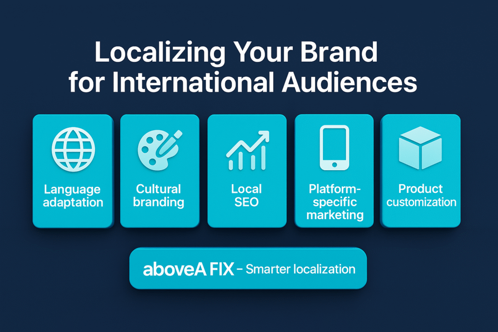 infographic titled "Localizing Your Brand for International Audiences," with five icons: language, branding, SEO, platforms, and customization.infographic titled "Localizing Your Brand for International Audiences," with five icons: language, branding, SEO, platforms, and customization.