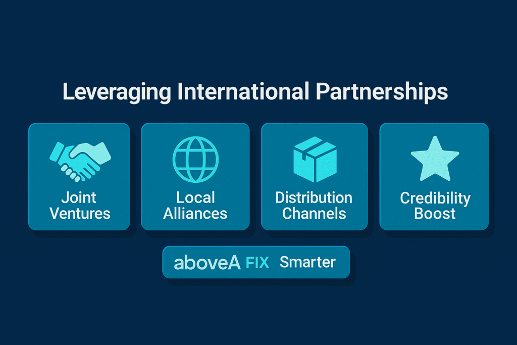 infographic: “Leveraging International Partnerships” with four cyan blocks—Joint Ventures, Local Alliances, Distribution Channels, Credibility Boost—on navy background.