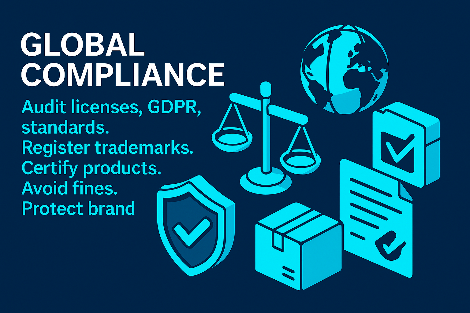Global compliance illustration with legal icons showing GDPR, trademarks, audits, and brand protection on navy blue background.